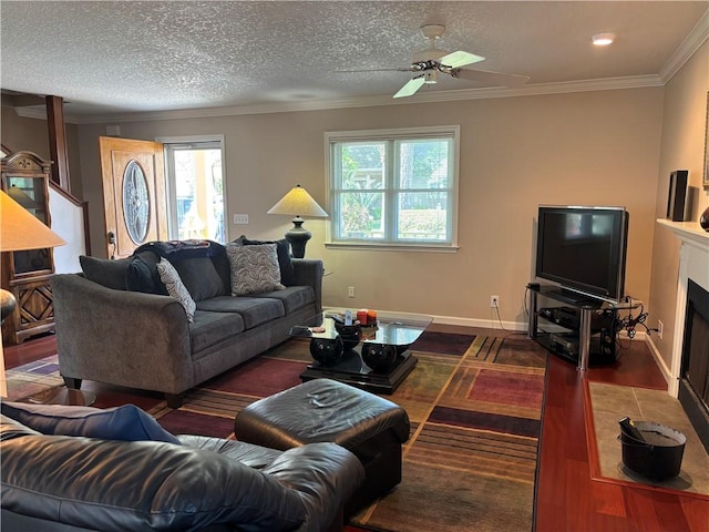 living room with a healthy amount of sunlight, a textured ceiling, dark wood-type flooring, and ornamental molding