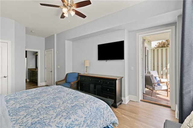 bedroom featuring ceiling fan, connected bathroom, and light hardwood / wood-style flooring