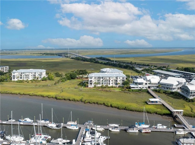 bird's eye view with a water view