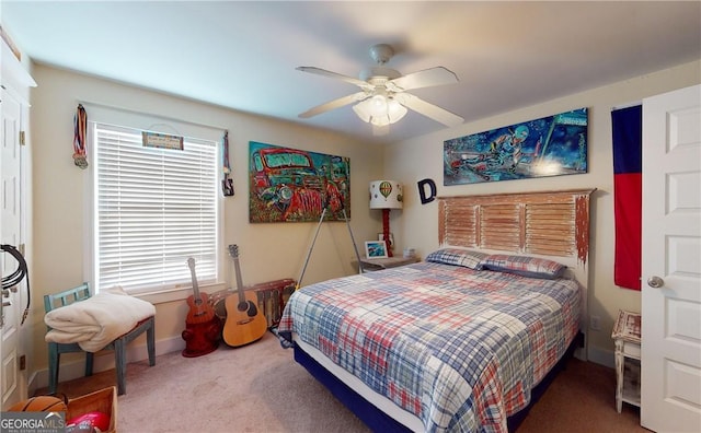 bedroom featuring carpet flooring and ceiling fan