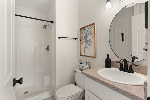 bathroom with walk in shower, toilet, vanity, and ornamental molding