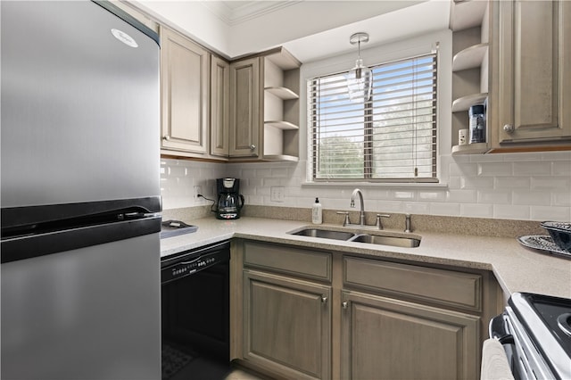 kitchen with decorative backsplash, appliances with stainless steel finishes, crown molding, and sink