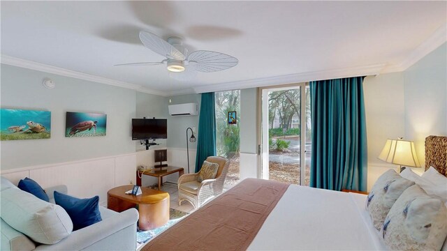 bedroom with access to outside, a wall unit AC, ceiling fan, and ornamental molding