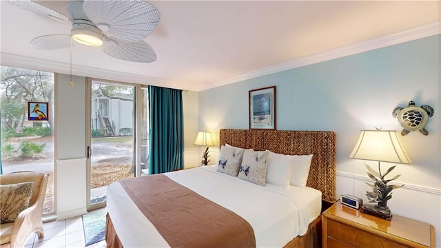 tiled bedroom featuring access to exterior, ceiling fan, and ornamental molding