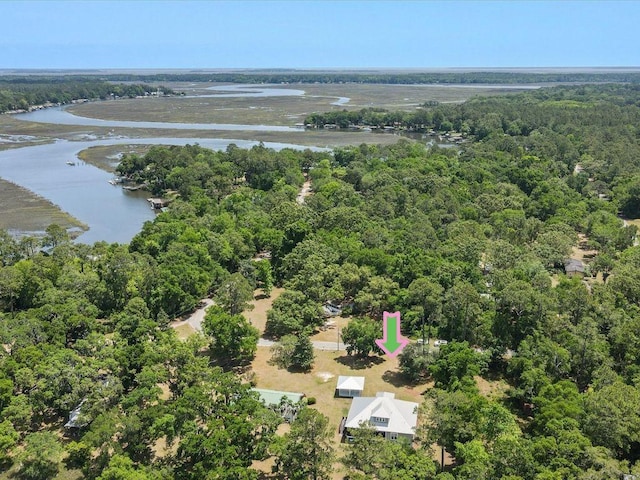 birds eye view of property featuring a water view and a wooded view