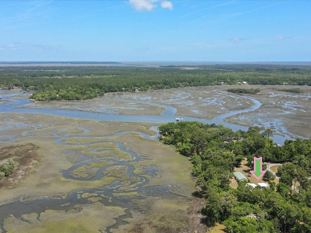 birds eye view of property with a forest view and a water view