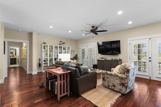 living area with french doors, recessed lighting, ceiling fan, and dark wood-style floors