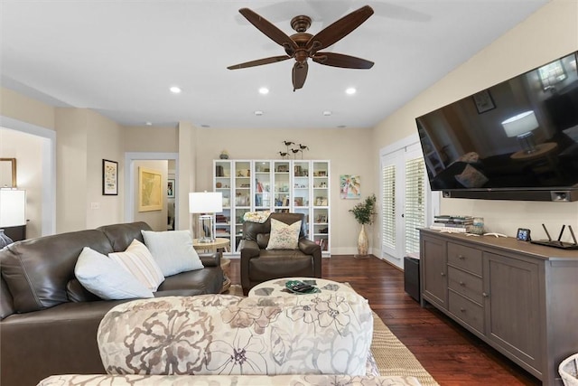living area featuring recessed lighting, baseboards, a ceiling fan, and dark wood-style floors