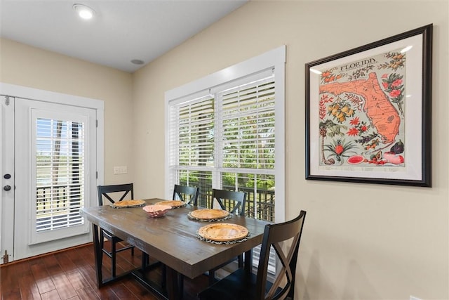 dining area with recessed lighting, dark wood finished floors, and a wealth of natural light