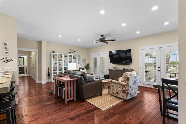 living area featuring a ceiling fan, recessed lighting, dark wood-style floors, and french doors