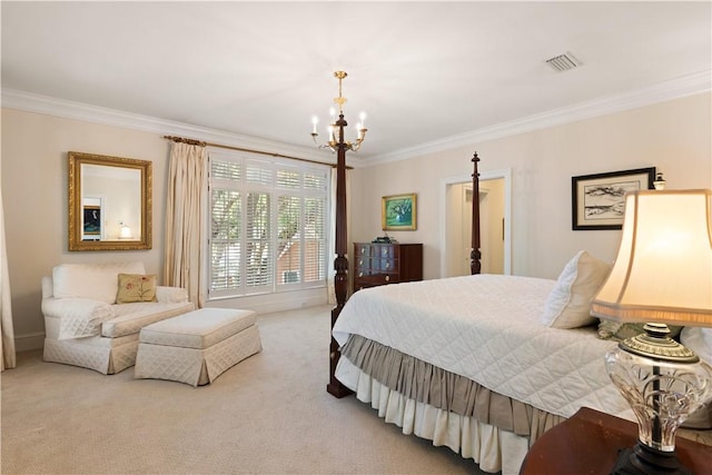 bedroom featuring light colored carpet, ornamental molding, and a chandelier