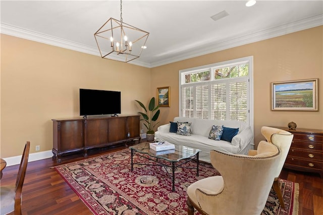 living room with dark hardwood / wood-style flooring, crown molding, and a notable chandelier