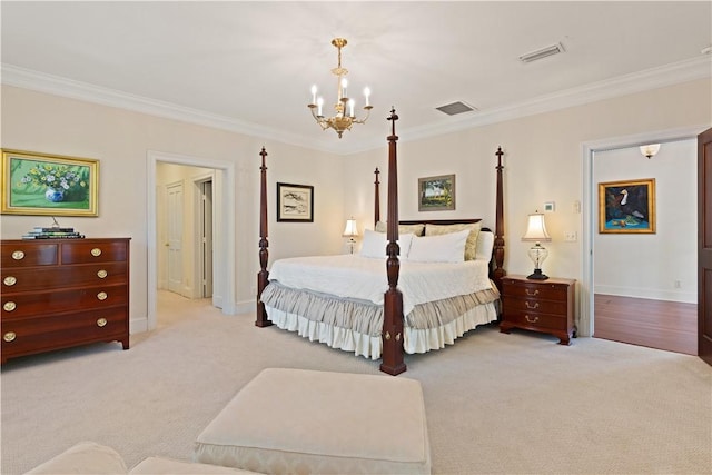 carpeted bedroom featuring a notable chandelier and ornamental molding