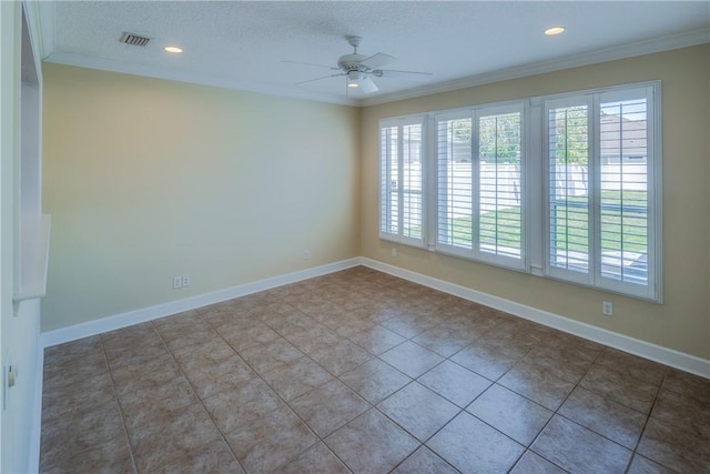 tiled empty room featuring baseboards, ornamental molding, recessed lighting, a ceiling fan, and visible vents