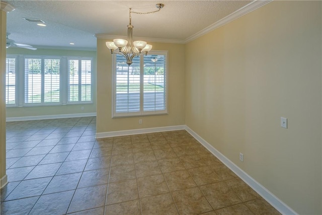 unfurnished dining area with baseboards, an inviting chandelier, ornamental molding, a textured ceiling, and tile patterned floors