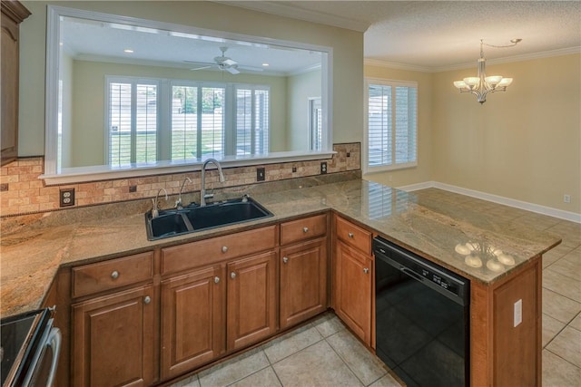 kitchen with a peninsula, dishwasher, brown cabinets, and a sink