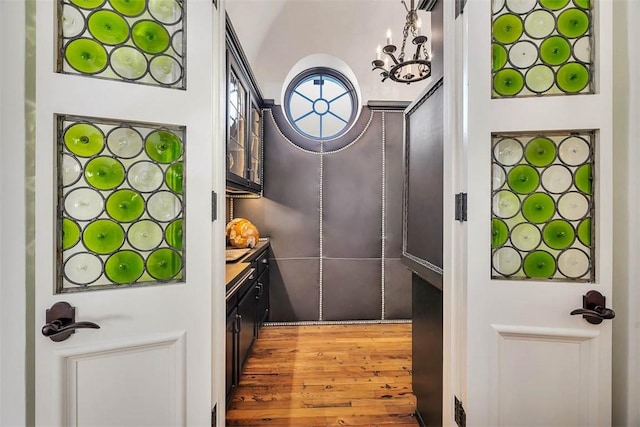 kitchen with a notable chandelier