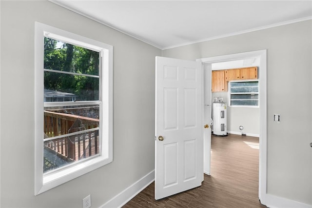 spare room with baseboards, ornamental molding, water heater, and dark wood-style flooring