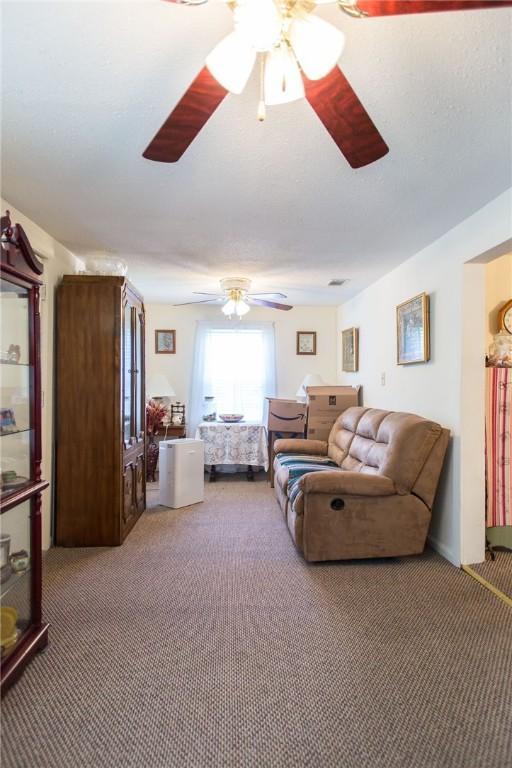 2896 S Lakeview Dr, Waycross, GA 31503 - living room with light colored carpet and ceiling fan