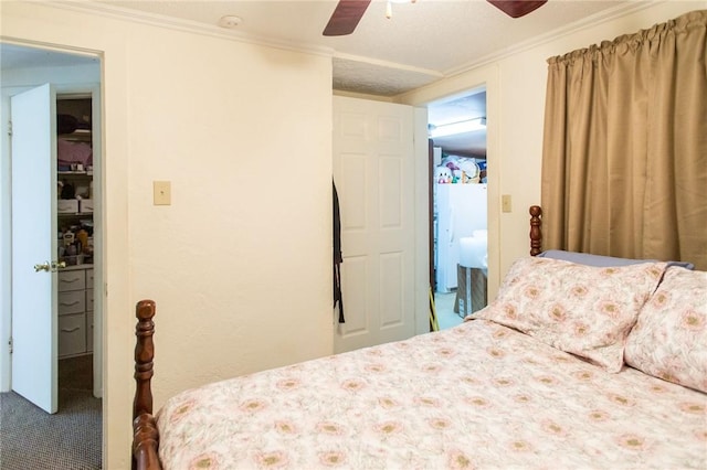 2896 S Lakeview Dr, Waycross, GA 31503 - bedroom featuring crown molding, freestanding refrigerator, ceiling fan, and carpet flooring