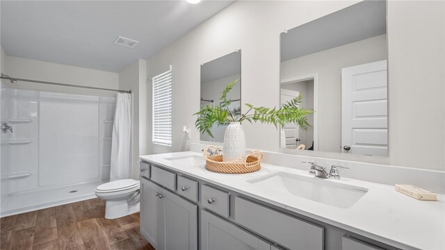 331 Elizabeth Dr, Brunswick, GA 31525 - bathroom with toilet, a shower with curtain, wood finished floors, and double vanity