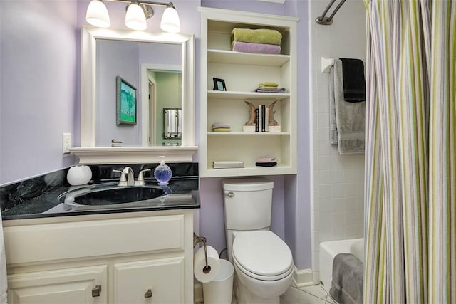 bathroom featuring tile patterned floors, vanity, toilet, and shower / tub combo with curtain