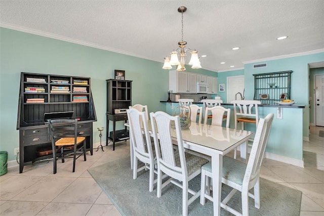 dining space with visible vents, a chandelier, crown molding, and light tile patterned flooring