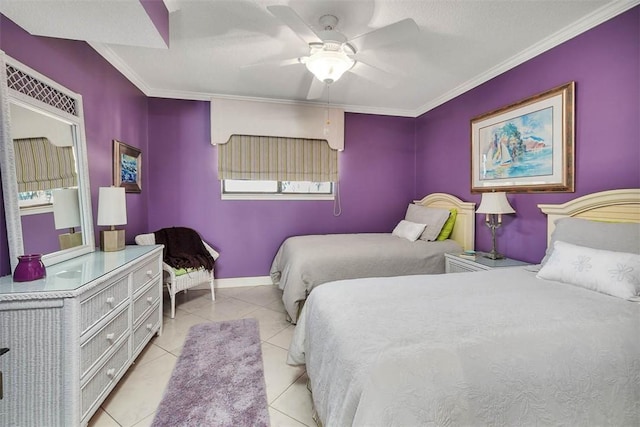 bedroom featuring light tile patterned floors, ornamental molding, ceiling fan, a textured ceiling, and baseboards