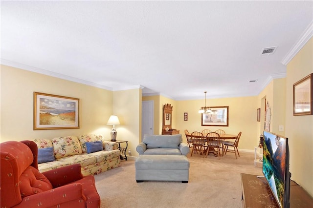 carpeted living room with a notable chandelier and ornamental molding