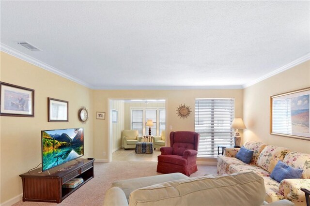 living room with light carpet, a textured ceiling, and ornamental molding