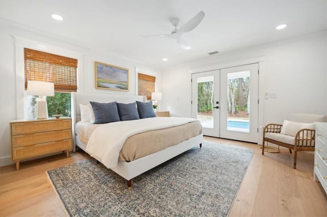 301 Kelsall Ave, Saint Simons Island, GA 31522 - bedroom featuring french doors, access to outside, light wood finished floors, recessed lighting, and ceiling fan