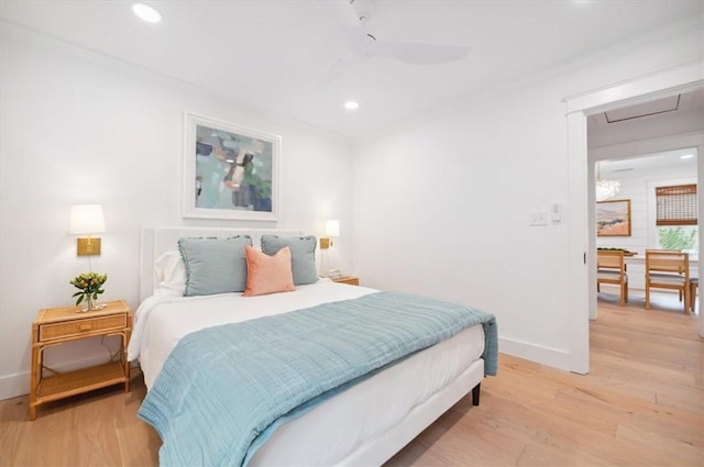 301 Kelsall Ave, Saint Simons Island, GA 31522 - bedroom with light wood-style floors, recessed lighting, and ceiling fan