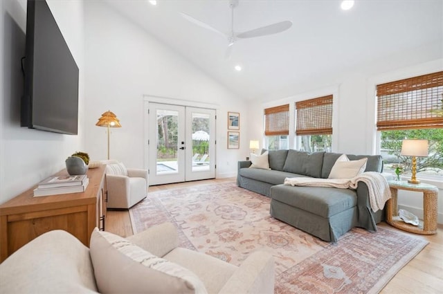 301 Kelsall Ave, Saint Simons Island, GA 31522 - living room with light wood-style flooring, recessed lighting, french doors, high vaulted ceiling, and a ceiling fan