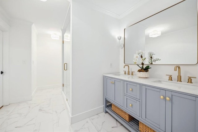301 Kelsall Ave, Saint Simons Island, GA 31522 - bathroom featuring marble finish flooring, double vanity, crown molding, and a shower stall