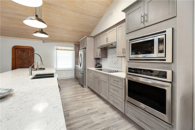 kitchen featuring wooden ceiling, stainless steel appliances, light stone countertops, pendant lighting, and sink