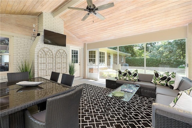 sunroom / solarium with ceiling fan, a healthy amount of sunlight, wooden ceiling, and lofted ceiling with beams