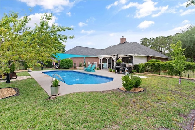 view of pool featuring a fenced in pool, a patio area, a pergola, a yard, and a fenced backyard