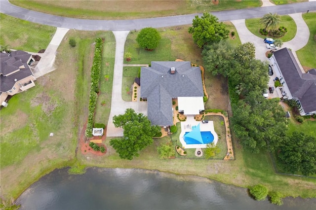 drone / aerial view featuring a water view