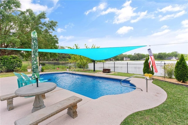 view of swimming pool with a fenced in pool, a fenced backyard, and a patio area