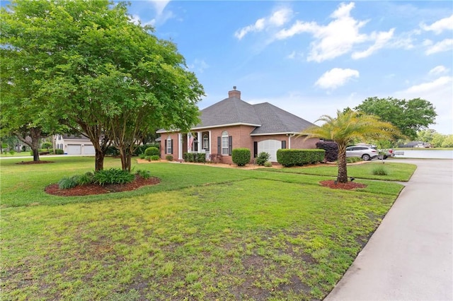 view of front of property with a front yard and a chimney