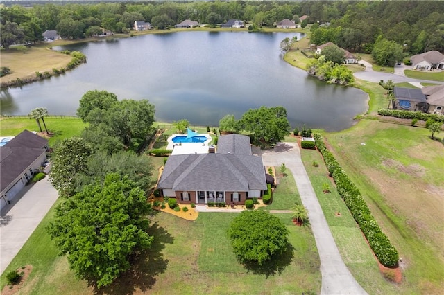 birds eye view of property featuring a water view