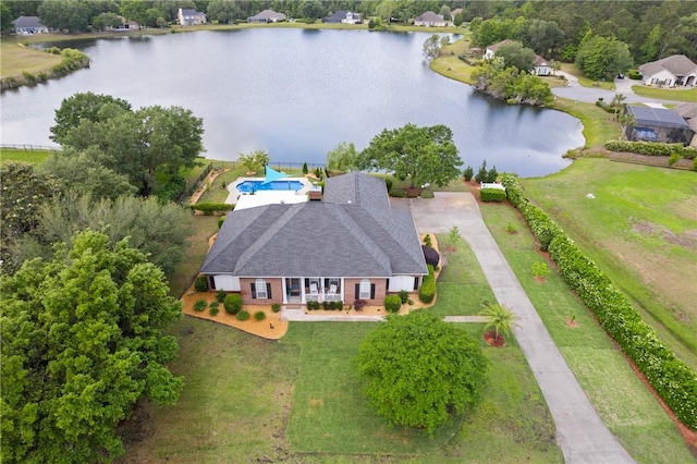 bird's eye view with a water view