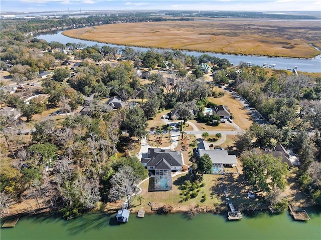 aerial view featuring a water view