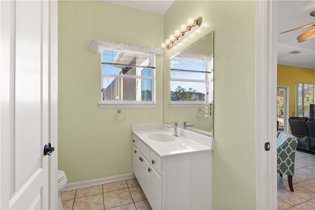 bathroom featuring vanity, tile patterned floors, toilet, and ceiling fan