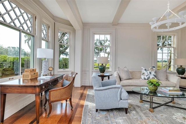 144 Point Ln, Saint Simons Island, GA 31522 - sunroom / solarium with a chandelier, healthy amount of natural light, and beam ceiling