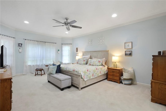 11 Niblick Ct, Saint Simons Island, GA 31522 - carpeted bedroom with ornamental molding, recessed lighting, baseboards, and ceiling fan
