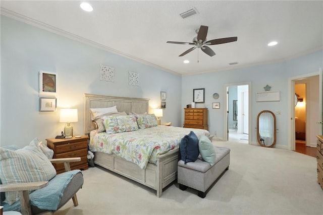 11 Niblick Ct, Saint Simons Island, GA 31522 - bedroom with light colored carpet, ornamental molding, recessed lighting, a ceiling fan, and baseboards