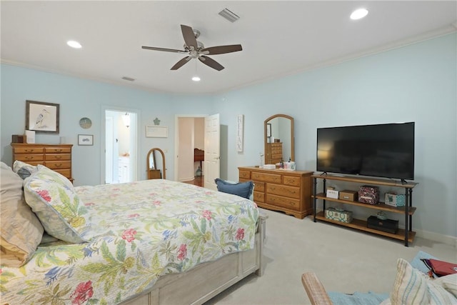 11 Niblick Ct, Saint Simons Island, GA 31522 - bedroom featuring recessed lighting, a ceiling fan, light colored carpet, and crown molding
