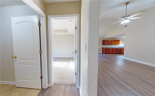 hallway featuring lofted ceiling and light hardwood / wood-style flooring