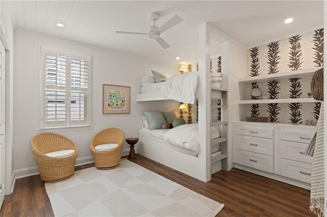 bedroom featuring recessed lighting, a ceiling fan, dark wood-type flooring, and baseboards